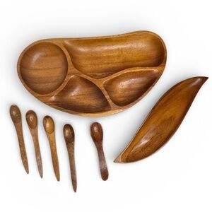 Vintage MCM Carved Wooden Divided Serving Platter Tray 4 Compartments + Spoons